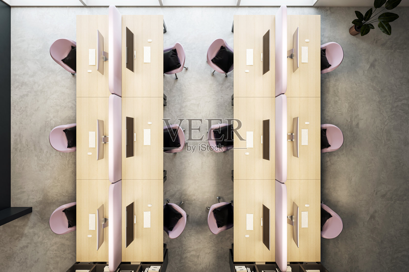 现代空旷的办公室工作空间，配有木质桌子和电脑，俯视图。3D渲染。照片摄影图片