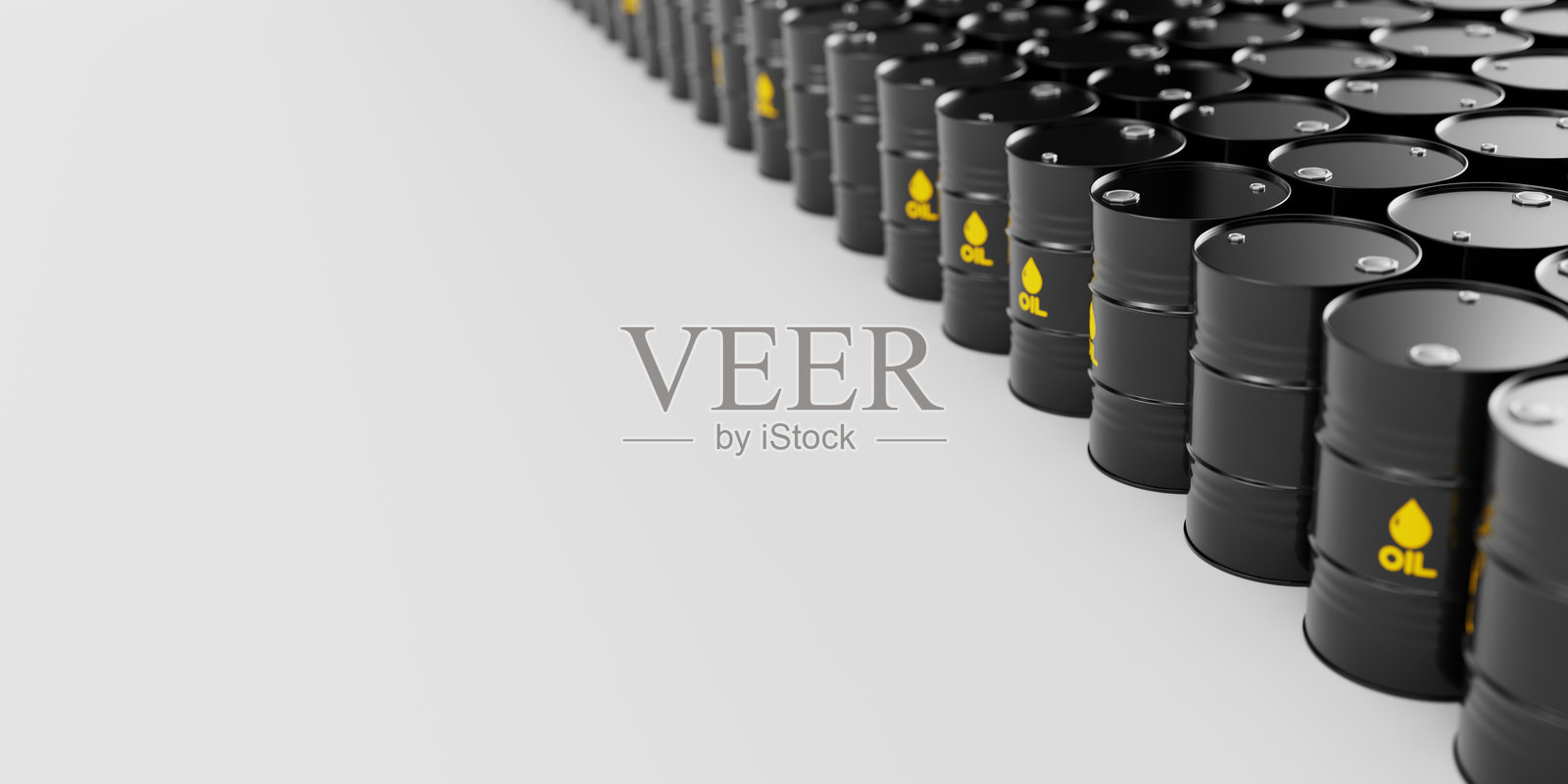 白色背景上堆叠的黑色金属油桶，左侧留有文本位置。石油行业概念。3D渲染插图。照片摄影图片