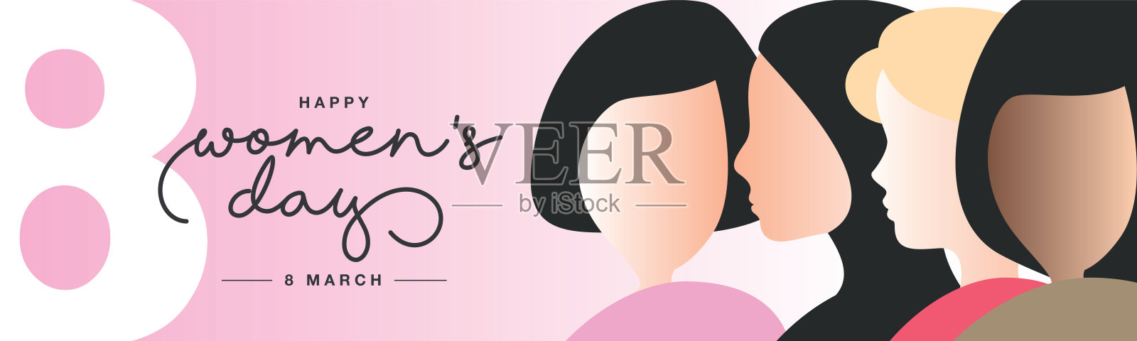 3月8日国际妇女节彩色横幅设计。不同民族的女性站在一起。简单的女性面孔轮廓图。插画图片素材
