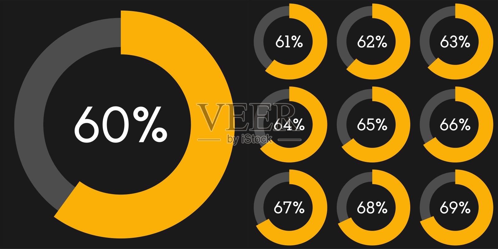 黑色背景上的60到69数字的圆形百分比饼图信息图模板。圆形百分比图的集合，矢量插图。插画图片素材