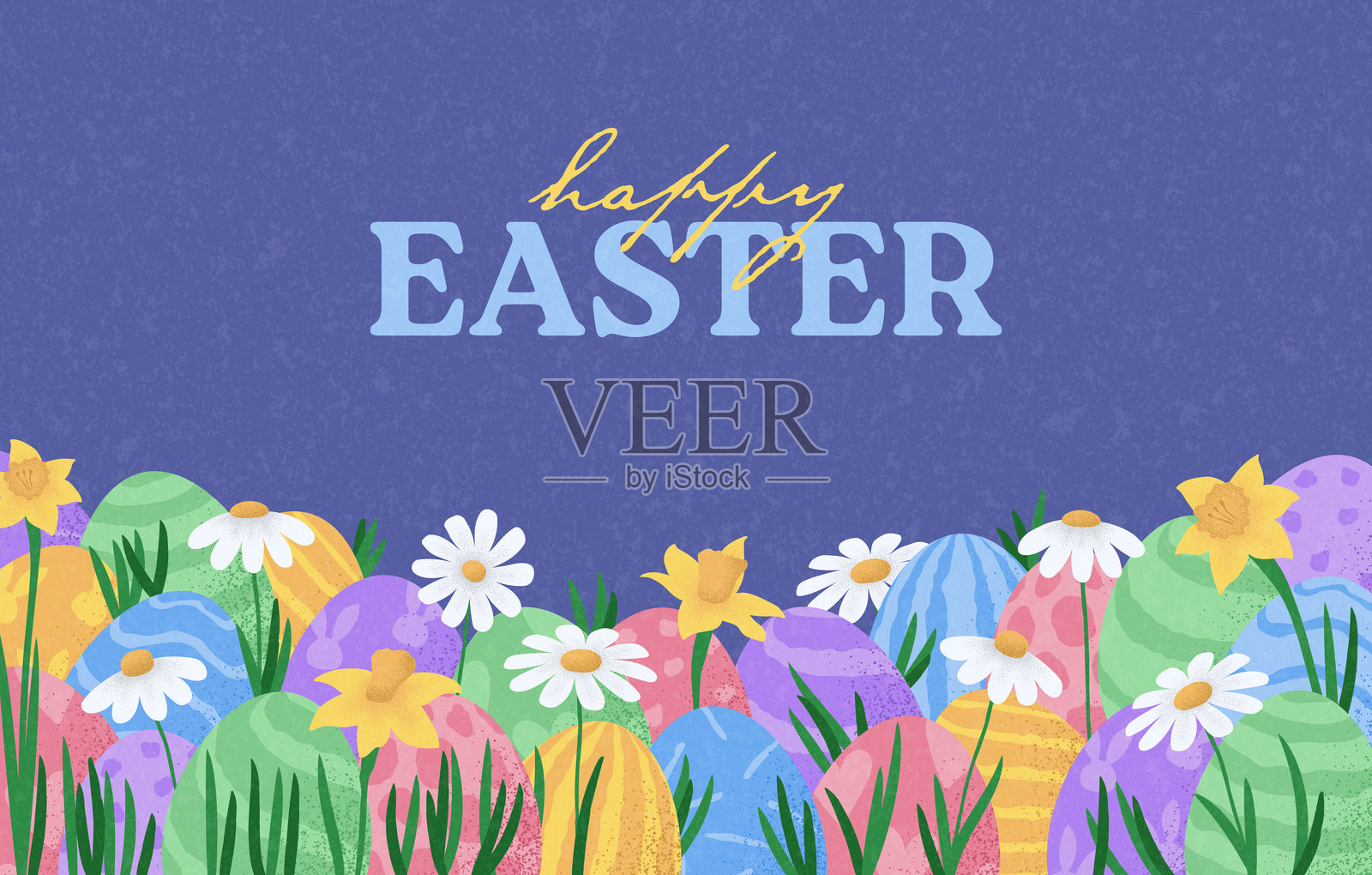 横向复活节横幅模板。创意复活节矢量插图，包含彩蛋、春季花卉和草地。适用于派对、庆祝、广告、品牌、封面、贺卡和促销的节日背景。插画图片素材