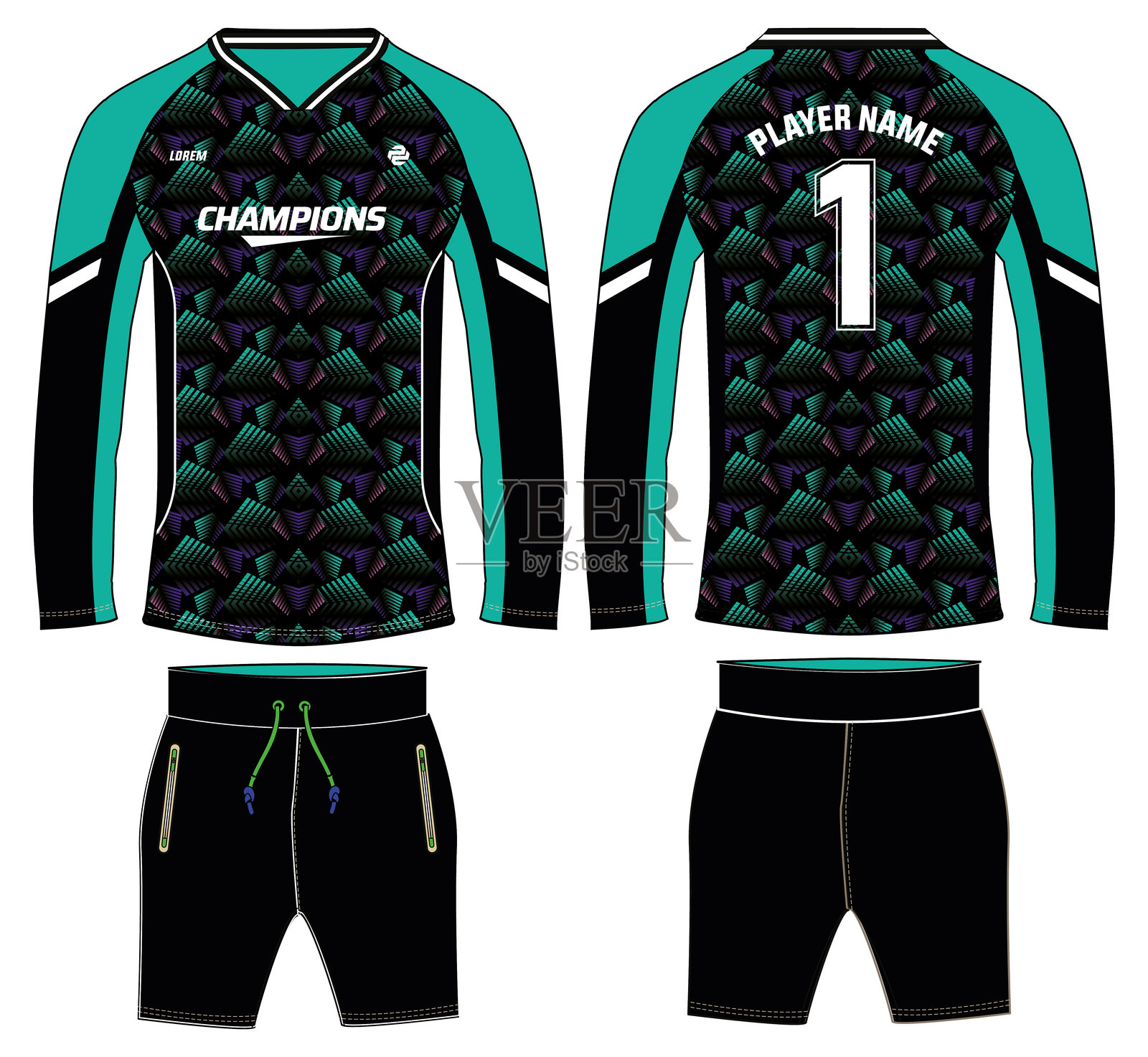 长袖守门员T恤搭配短裤，运动球衣设计平面草图插图，抽象图案足球球衣概念，正面和背面视图，足球守门员制服设计插画图片素材