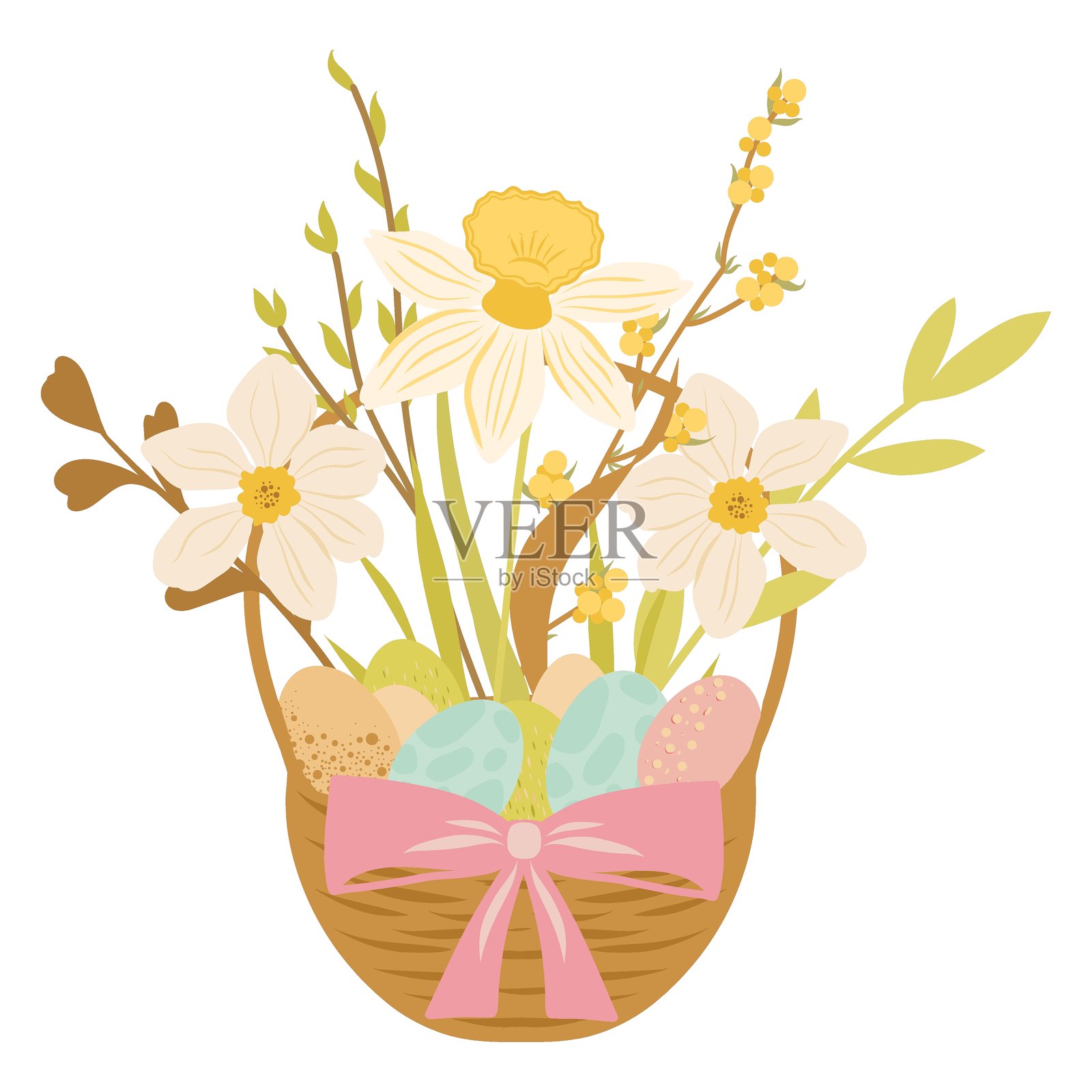 复活节篮子里装着复活节彩蛋、鲜花和粉色蝴蝶结，篮子里有鸡蛋，柳条编织，雪花莲矢量插图插画图片素材