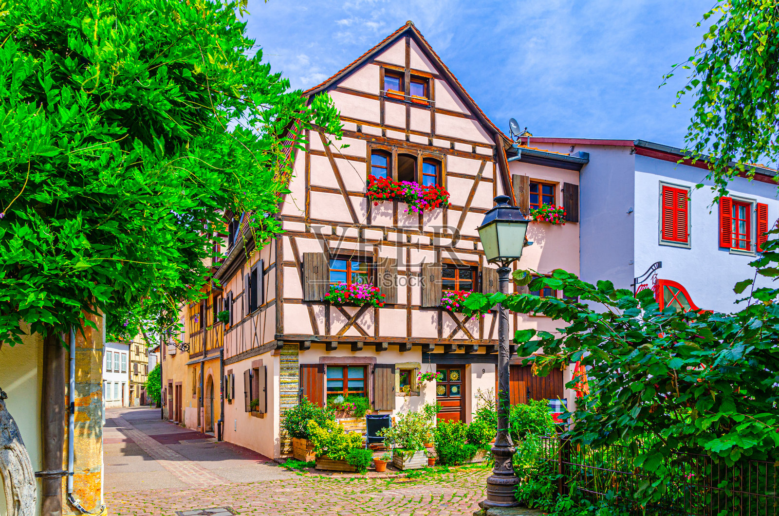 古老的中世纪半木结构房屋外立面，窗户上有百合花和百叶窗，色彩斑斓的墙壁，街灯，小院子里的绿色植物，法国阿尔萨斯地区科尔马市历史中心。照片摄影图片