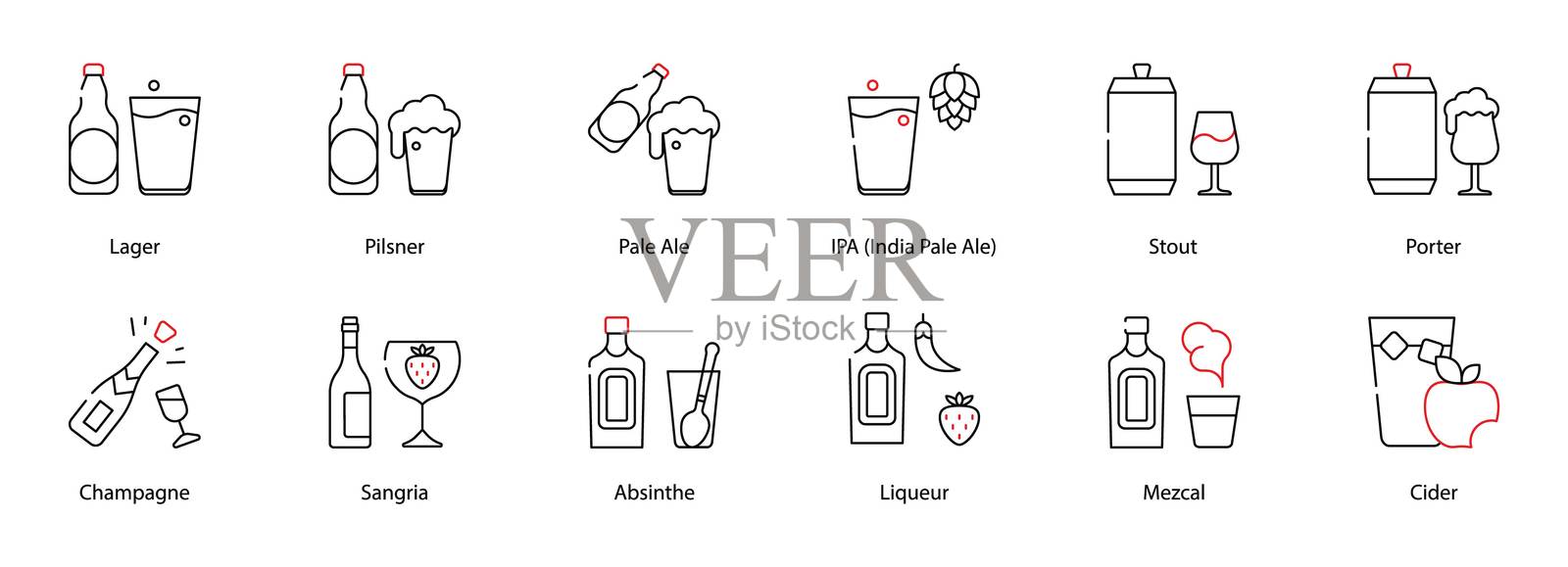 啤酒、皮尔森啤酒、淡色艾尔、印度淡色艾尔、黑啤酒、波特啤酒、香槟、桑格利亚、苦艾酒、利口酒、梅斯卡尔、苹果酒的矢量图标插画图片素材