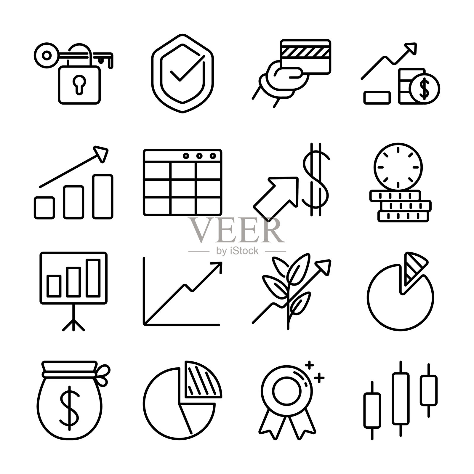 金融、投资和银行的线条风格图标包插画图片素材