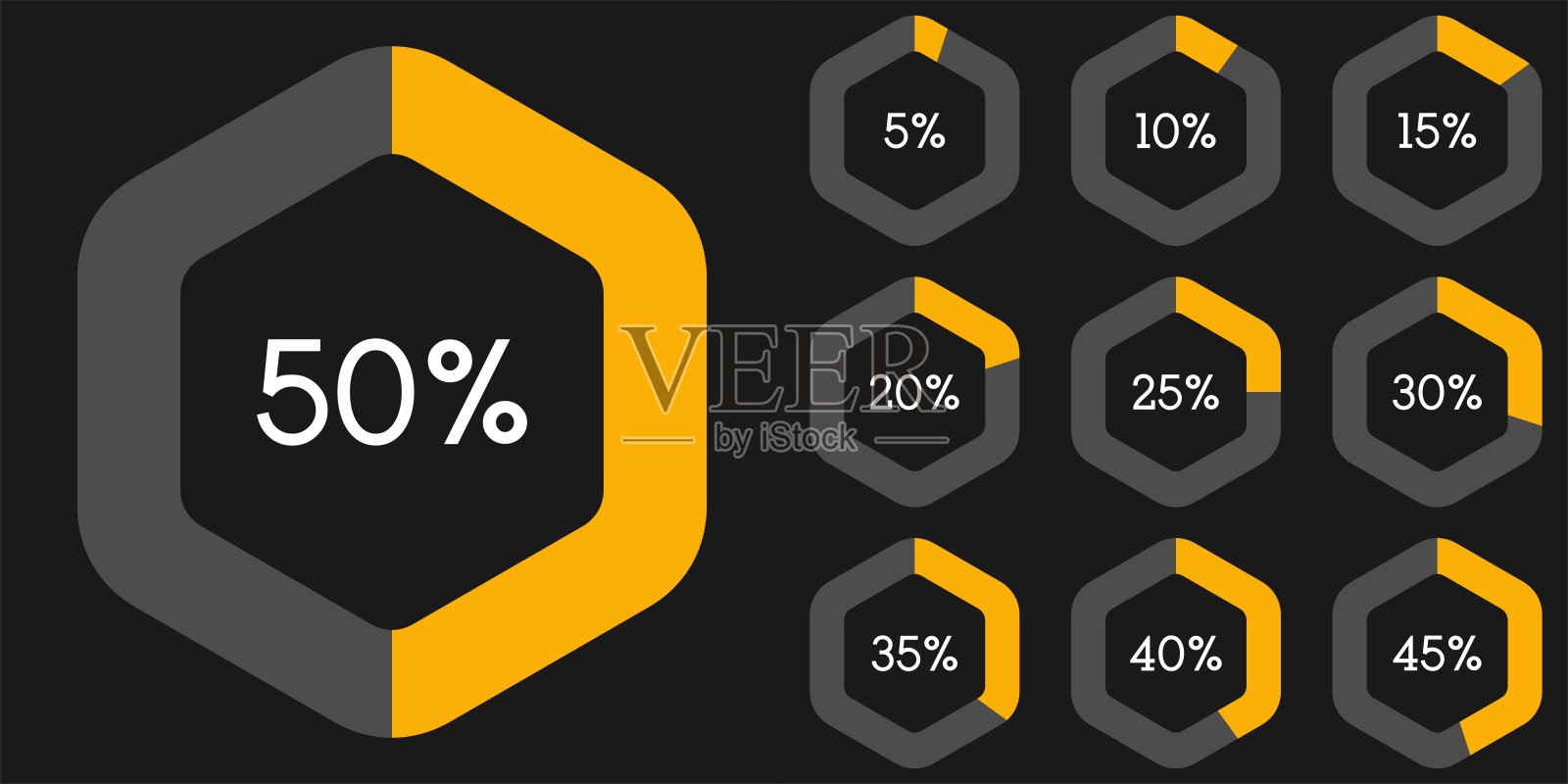 黑色背景上的六边形百分比饼图图表信息图模板，数字范围从5到50。六边形百分比图表的集合，矢量插图。插画图片素材