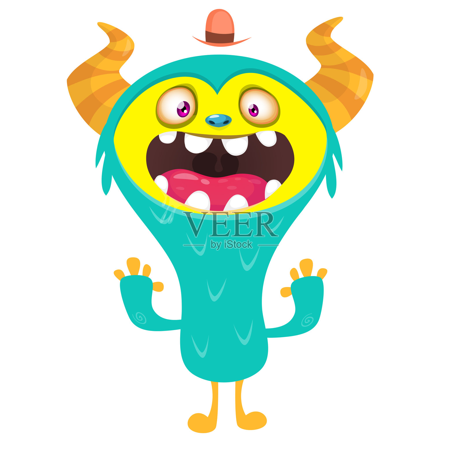 可爱的卡通怪兽，面带有趣兴奋的表情，挥动着手。白色背景上的矢量插图。万圣节设计。插画图片素材