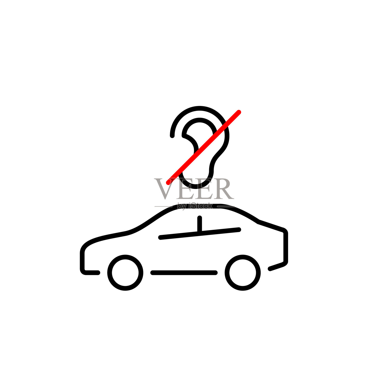 汽车侧视图和耳朵被红线划掉。听力障碍司机，适合聋人用户。静音模式，无干扰。像素完美的矢量图标。插画图片素材