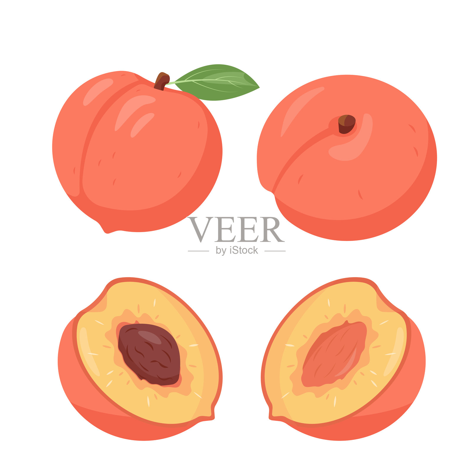 新鲜的桃子从不同角度展示。完整的桃子和半个带核的桃子。适合制作果汁、奶昔或维生素健康食品的有机水果。插画图片素材