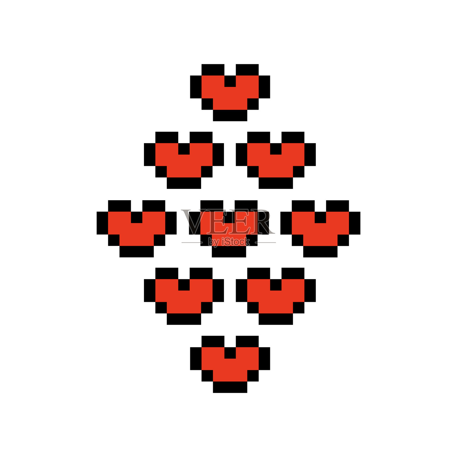 可爱的像素卡通8位角色感受爱与快乐，幸福的心形情感装饰，8位快乐的红心视频游戏，孤立的矢量图。插画图片素材