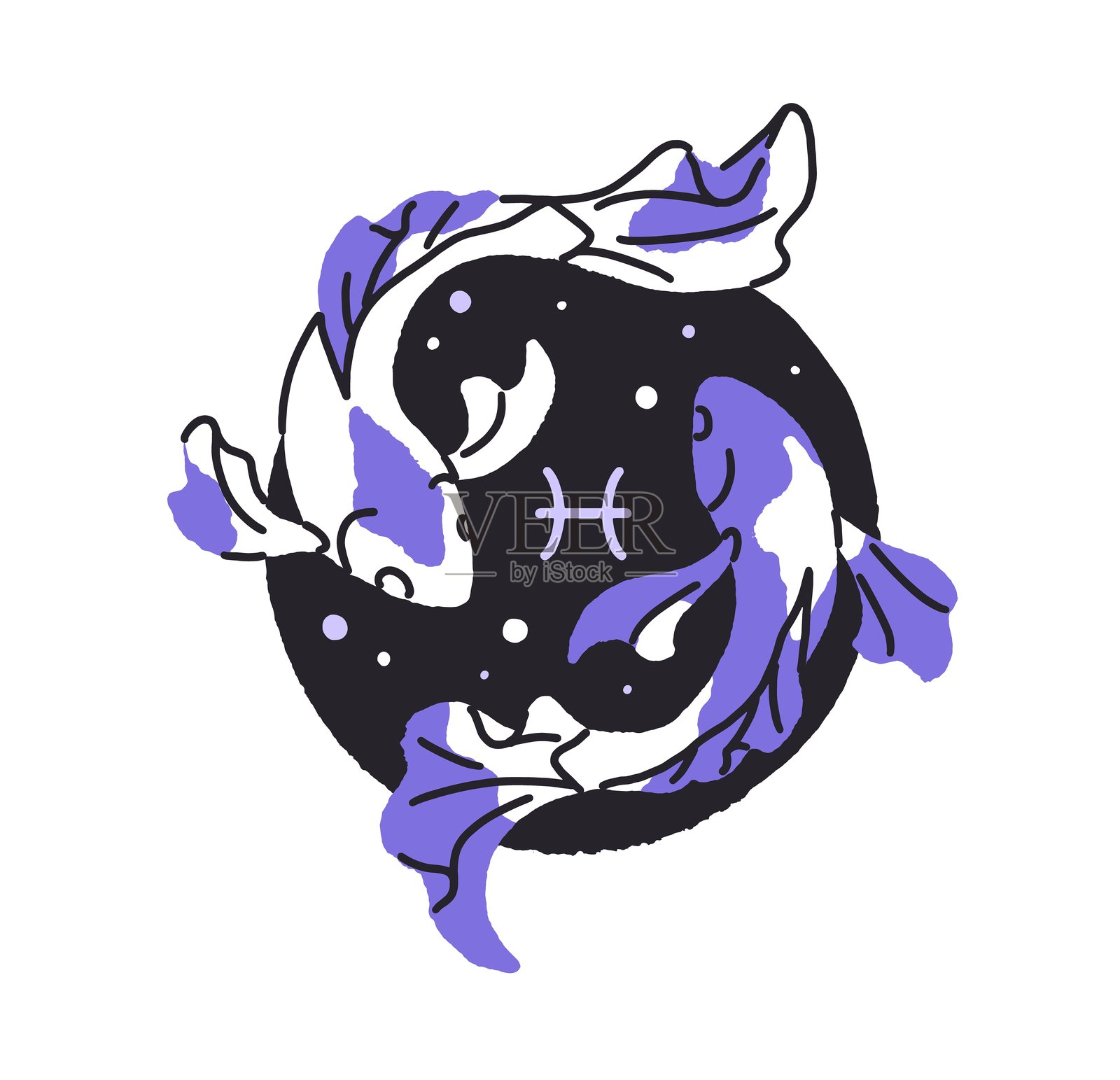 双鱼座的轮廓头像。鱼座星座的圆形图标。占星术元素，星星日历，圆形的星座符号。白色背景上的扁平化矢量插图。插画图片素材