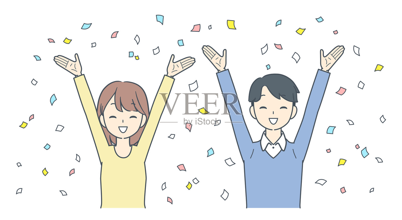 快乐的男女在庆祝时洒下五彩纸屑插画图片素材
