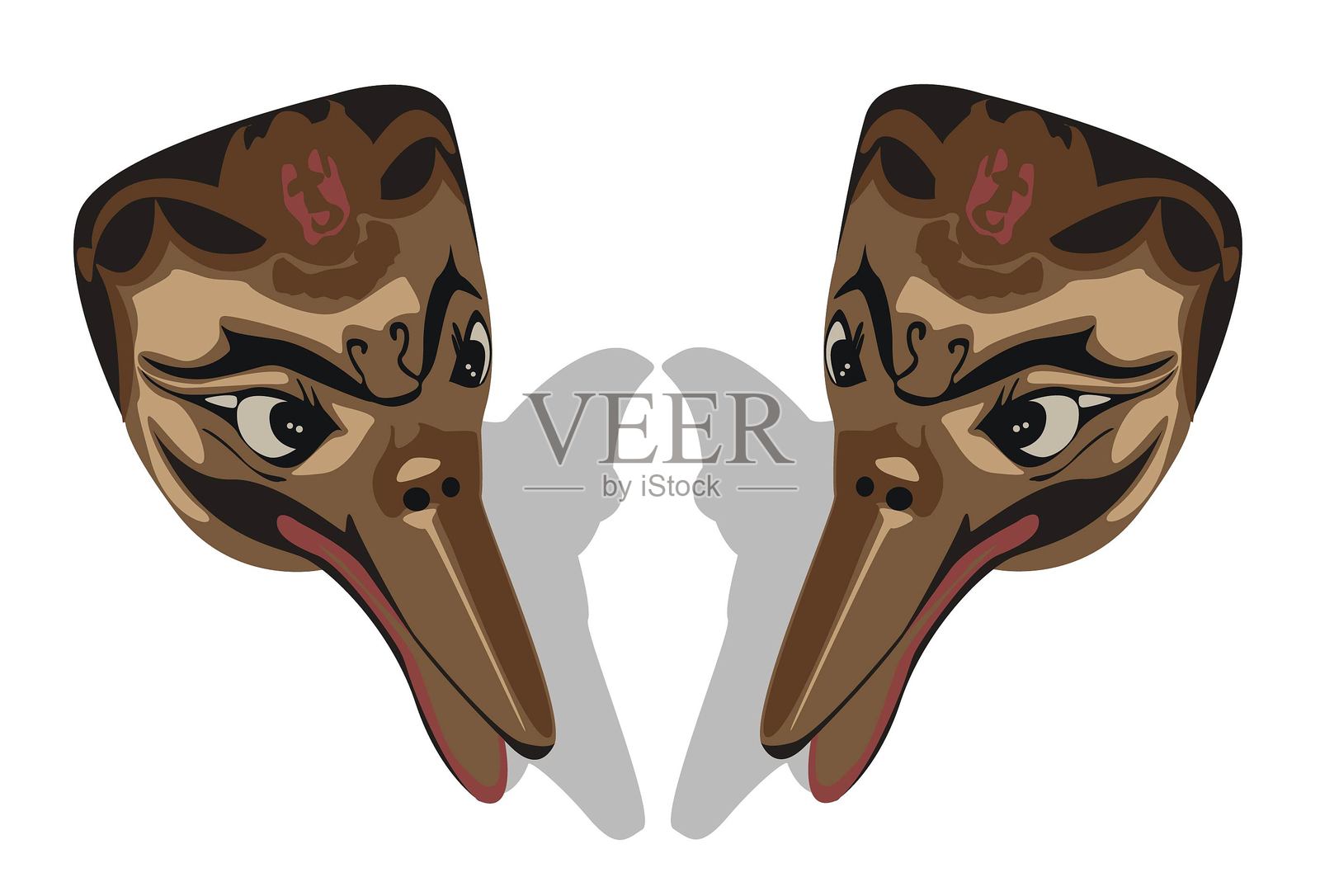 两个复古鸟嘴形状的面具，孤立在白色背景上插画图片素材