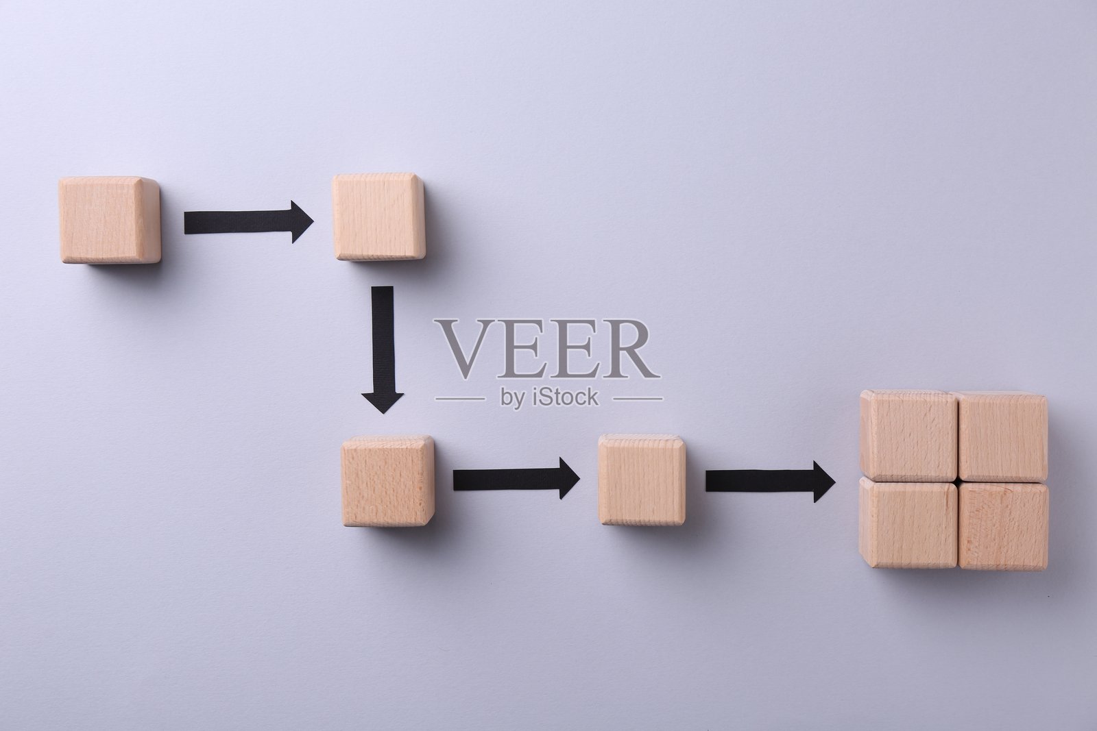 商业流程组织与优化。紫色背景上的木质图形和箭头示意图，俯视图。照片摄影图片