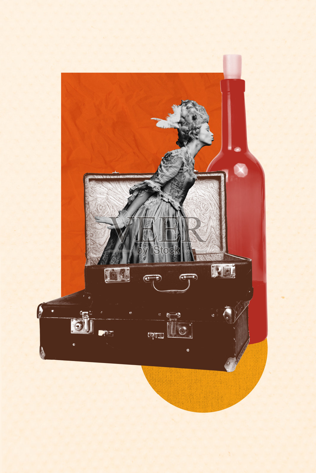 趋势艺术拼贴模板合成素描，年轻女性玛丽·安托瓦内特，历史巴洛克风格，站立的包，旅行，亲吻，玻璃瓶照片摄影图片