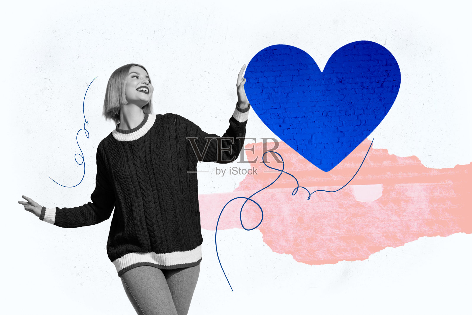 快乐的金发女孩在情人节庆祝中跳舞，心形图标的拼贴照片，表达欣赏，背景为涂鸦风格。照片摄影图片