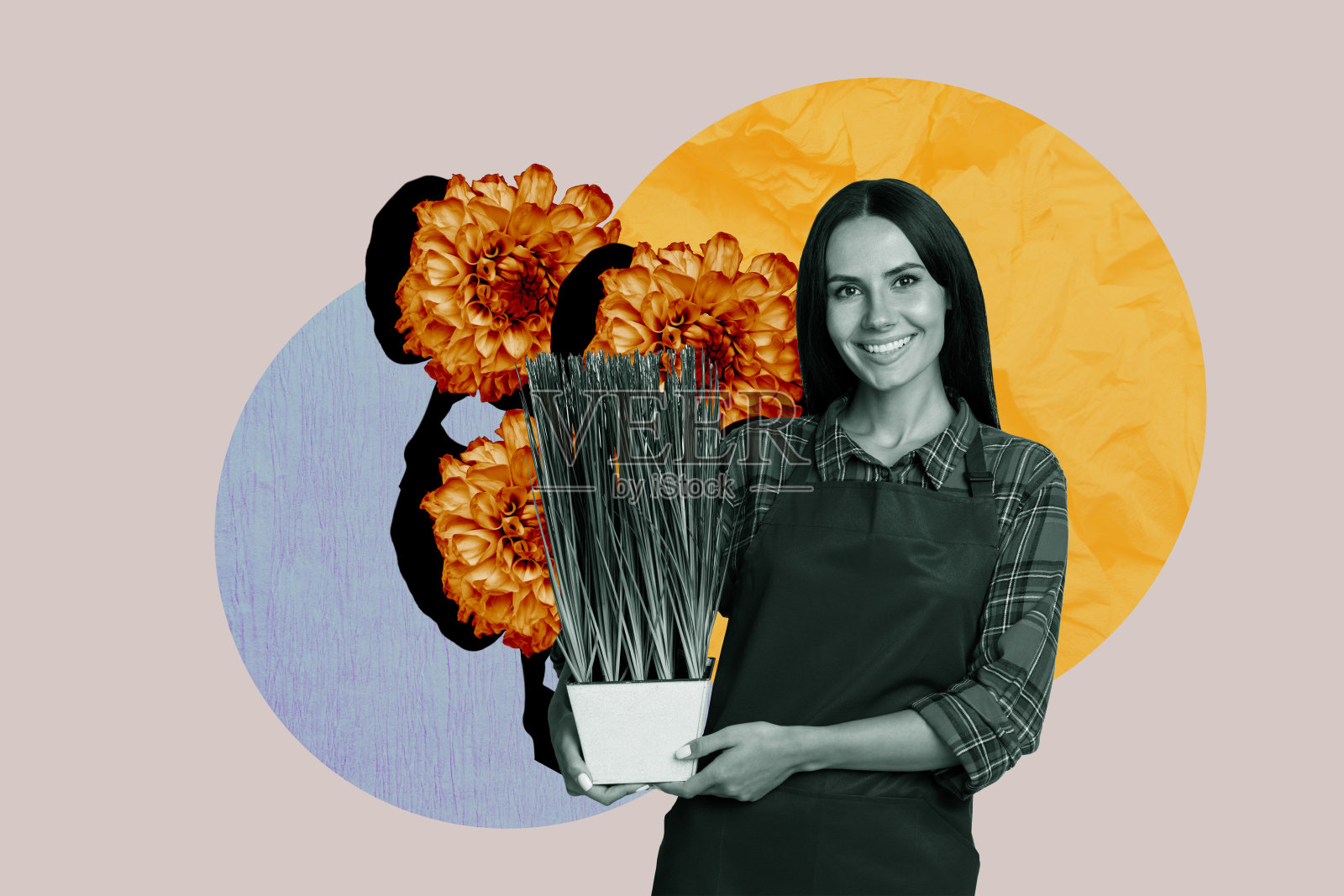 快乐女孩园丁的创意素描拼贴，手持草盆和野花花束，盛开的专业工作者穿着围裙，细心照料。照片摄影图片