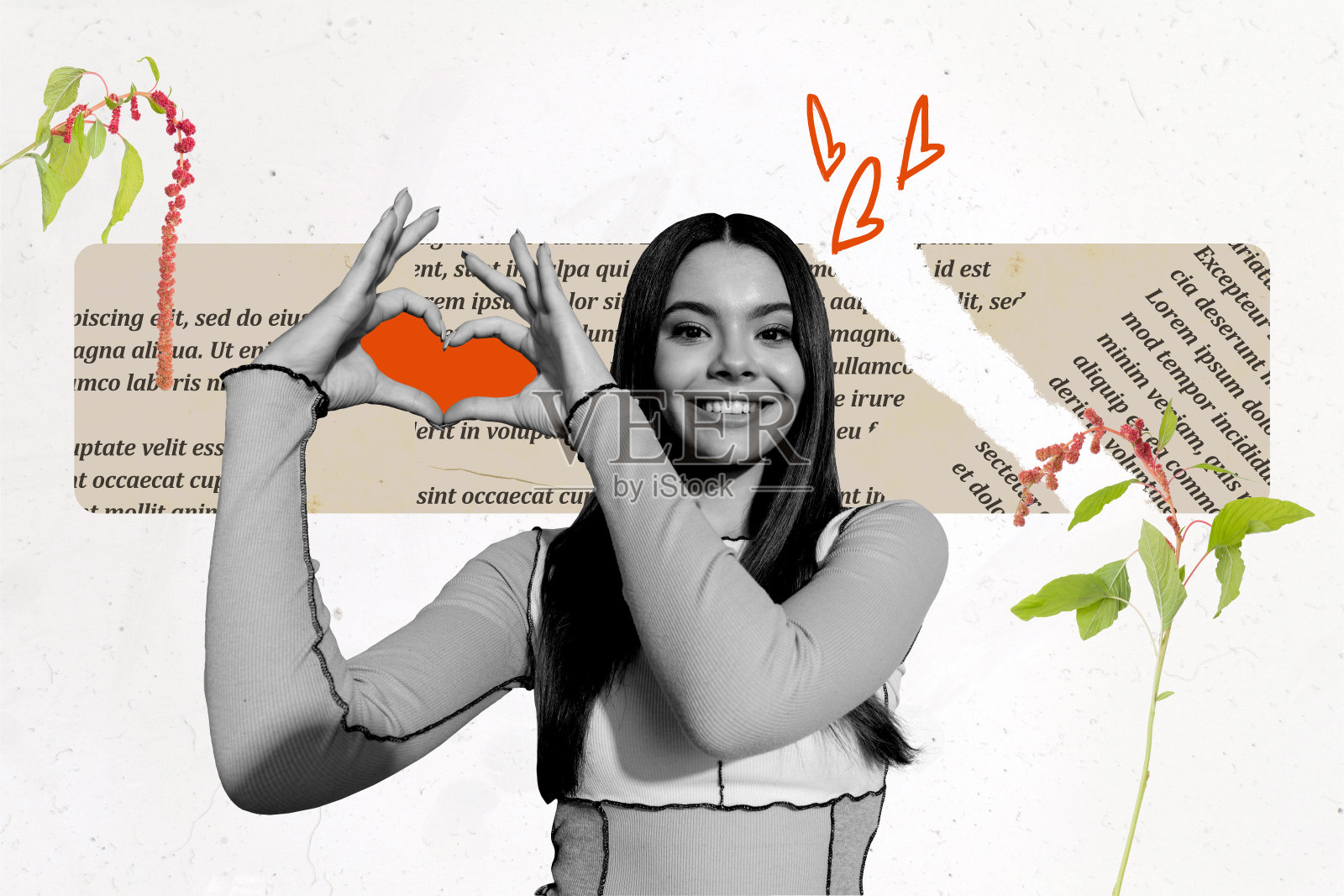 快乐女孩在情人节庆祝中做出心形手势的拼贴照片，背景为涂鸦风格的花卉文字假日。照片摄影图片