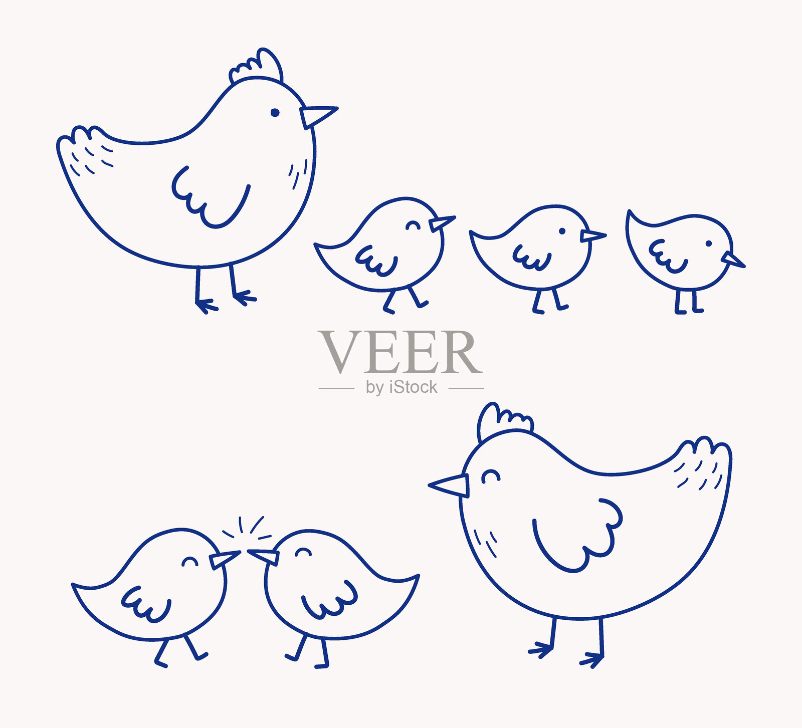 可爱的卡通小鸡和母鸡。复活节小鸡图标，手绘风格。套装。矢量插图插画图片素材