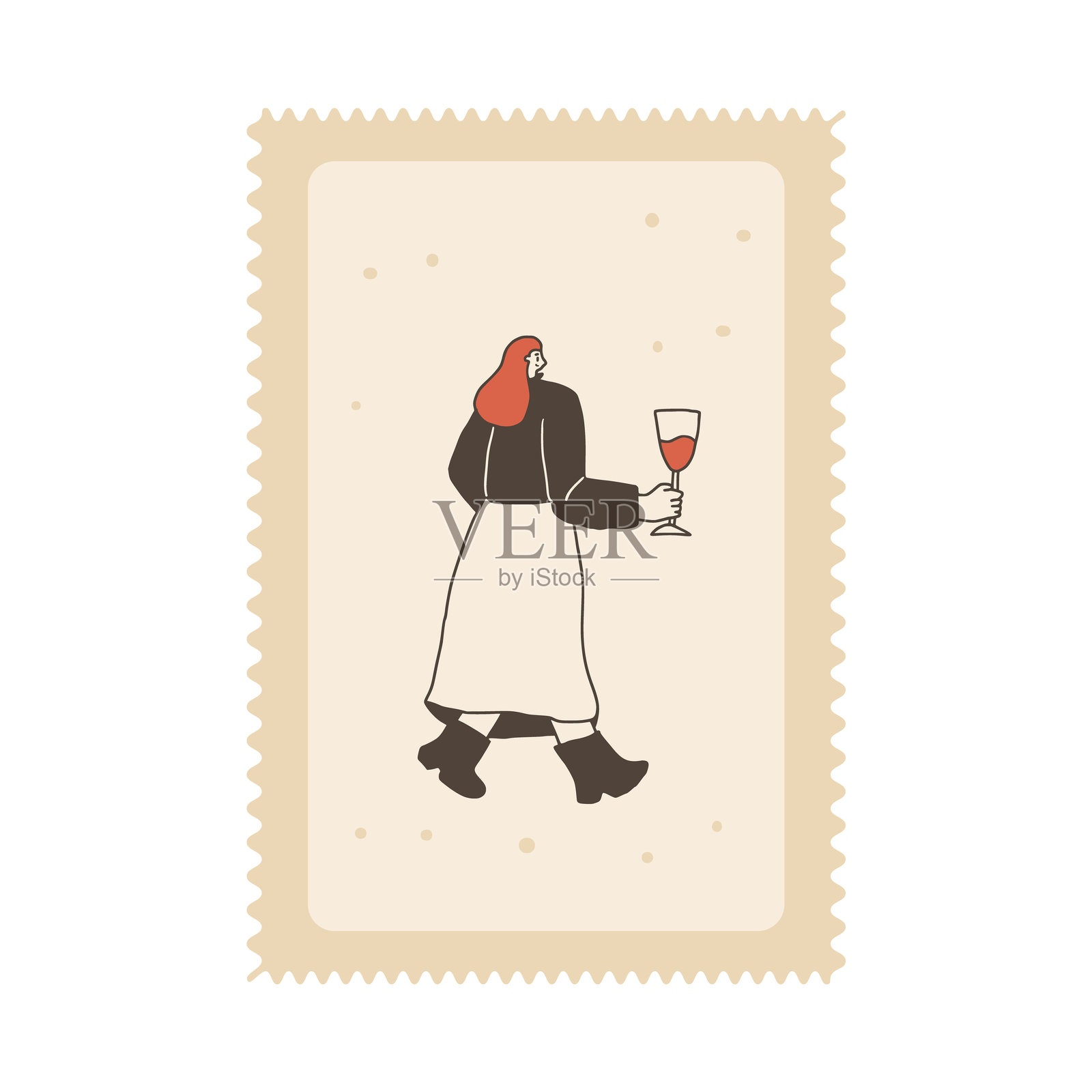 邮票上的葡萄酒爱好者。品酒活动的方形锯齿边缘徽章。酒精饮品派对。手持酒杯的女侍酒师参观葡萄园。矢量手绘涂鸦插图。插画图片素材