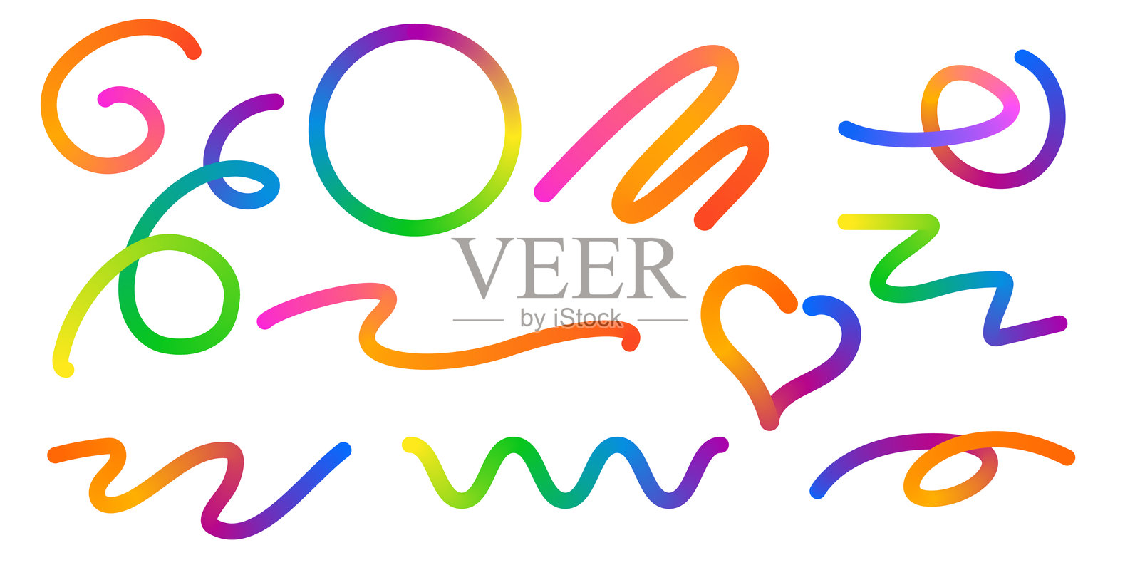 抽象彩色彩虹渐变形状集。带有明亮色彩的波浪线矢量图形。色彩丰富的流动波纹图案。曲线设计元素。插画图片素材