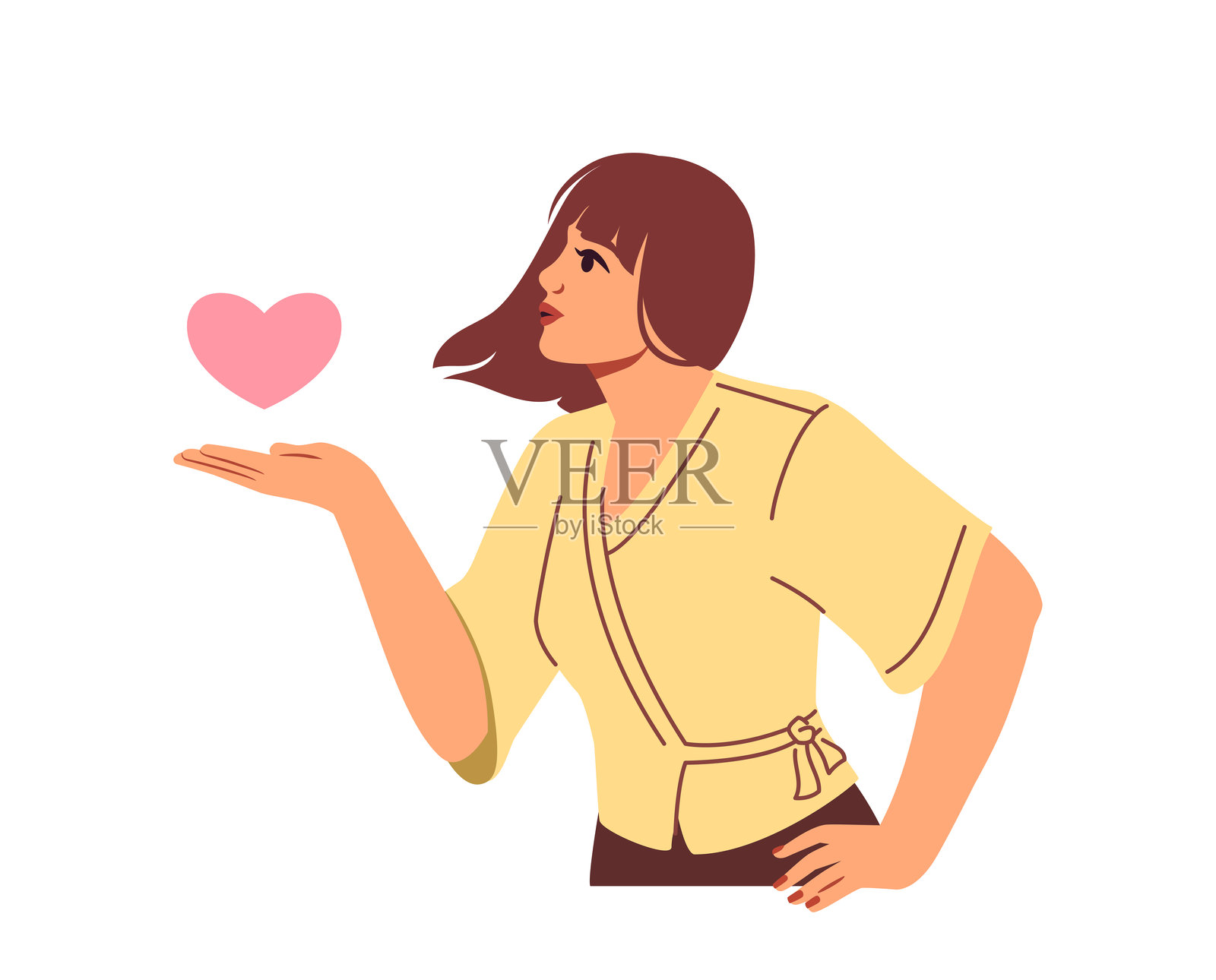 快乐的人展示手势。微笑的年轻女孩在手掌上吹吻并画上心形。爱、浪漫和积极情感。扁平化矢量插图插画图片素材