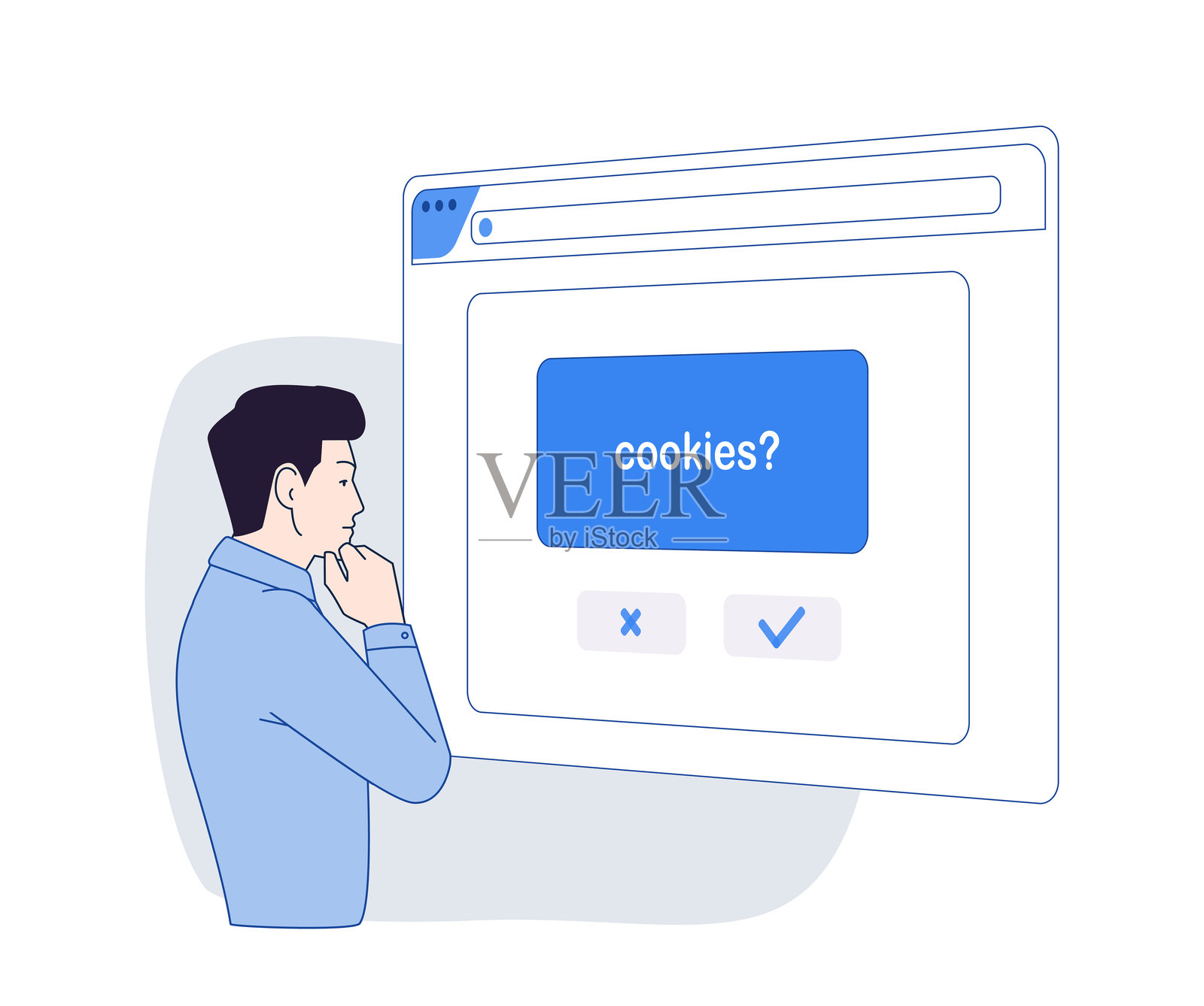 无饼干追踪的未来。一个人站在网站窗口前拒绝传统的饼干。数字隐私的进步。扁平轮廓矢量插图。插画图片素材