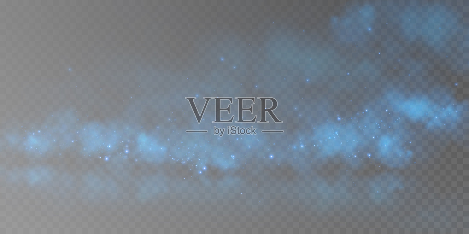 奇幻的烟雾背景。带有闪光和微小星星颗粒的魔法烟雾，带有发光颗粒的雾气，蓝色蒸汽与星尘。矢量插图。插画图片素材