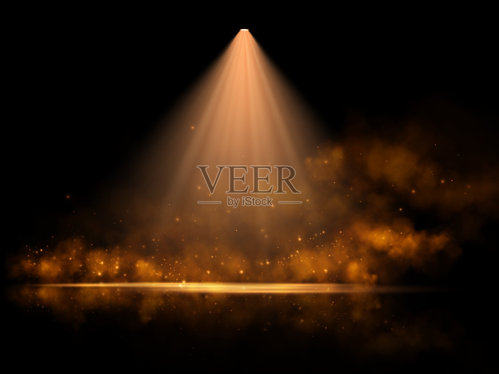 一个戏剧性的金色聚光灯照亮了黑暗的舞台，周围环绕着闪烁的粒子和温暖的空灵光辉，营造出神秘而优雅的氛围，伴随着细腻的倒影。插画图片素材