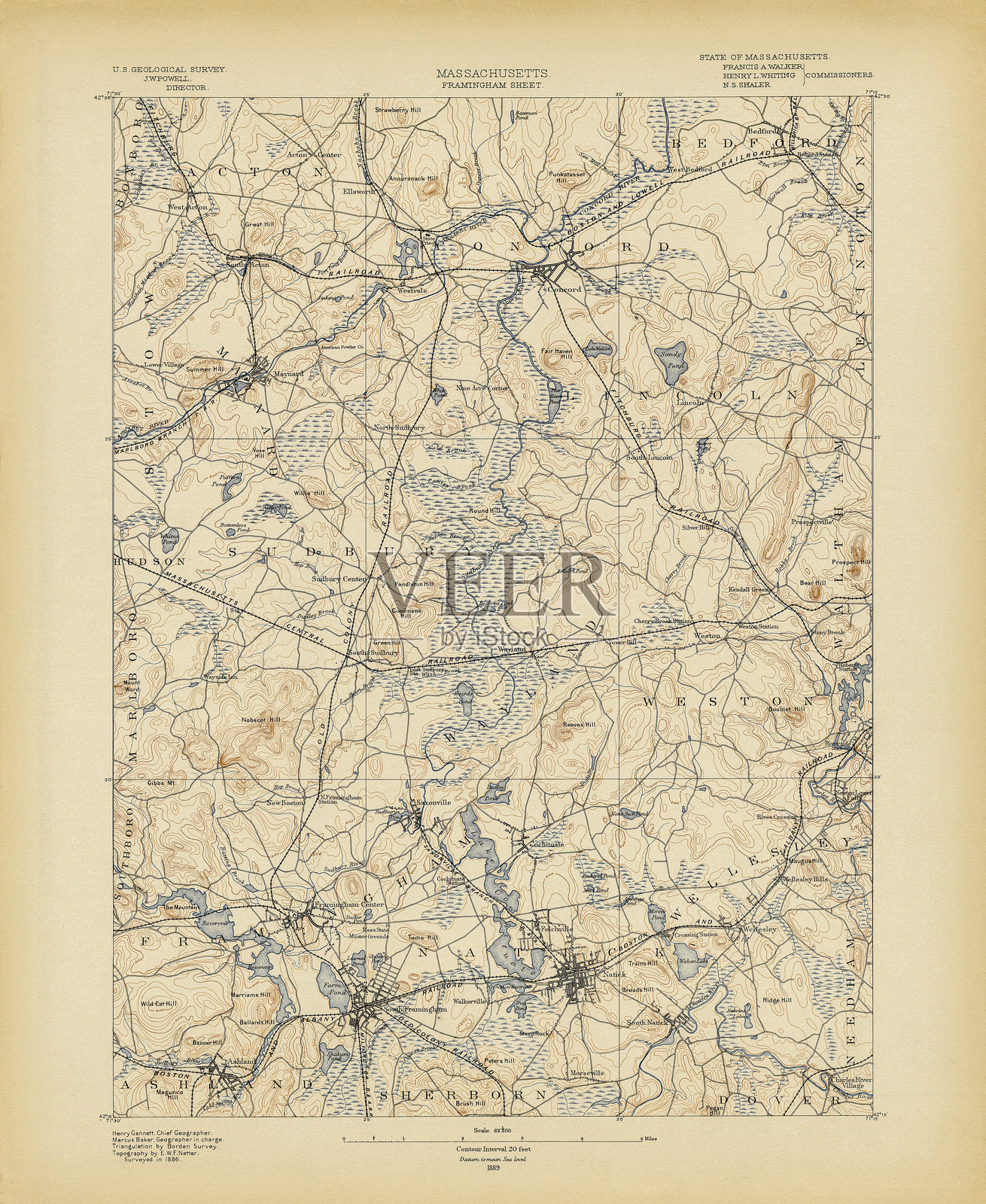 美国马萨诸塞州地形历史地图集，1890年插画图片素材