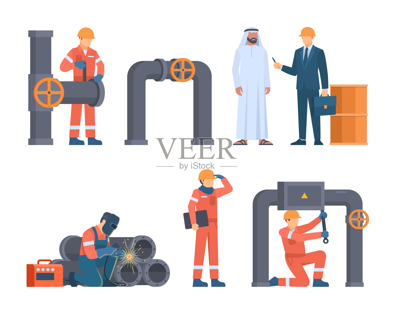 石油和天然气行业工人系列，包含管道和工业元素。可编辑的矢量插图，易于自定义。插画图片素材