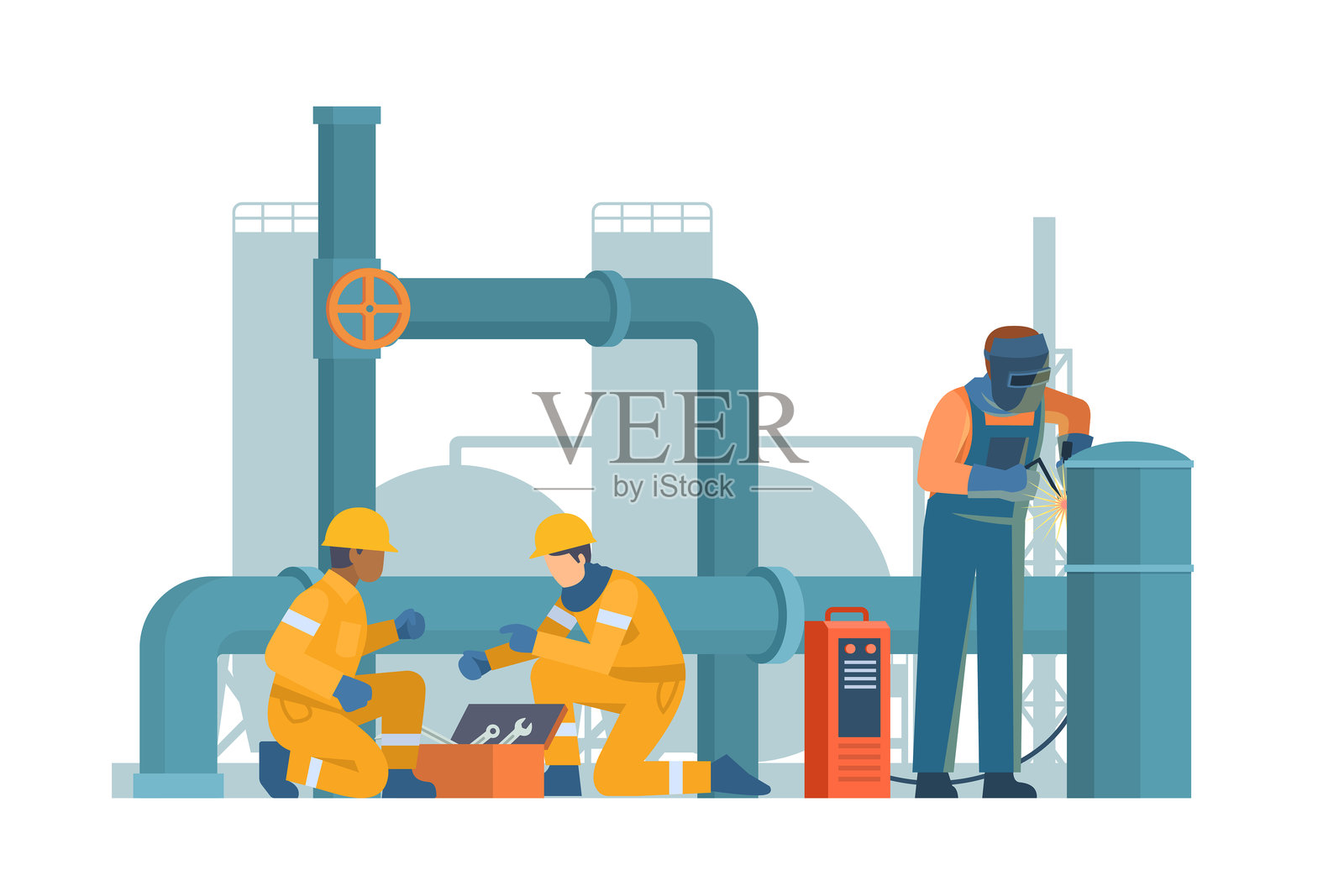 石油和天然气行业工人维护和修理管道。矢量插图插画图片素材