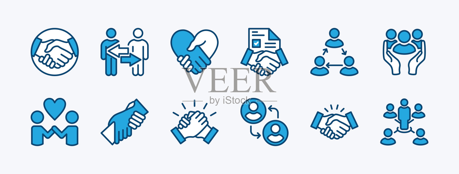 关系、友谊、关怀、爱、慈善、团结、帮助、合作伙伴关系、支持图标集合。包含商业、团队合作、合同协议、协作、社区、情侣。矢量插图。插画图片素材