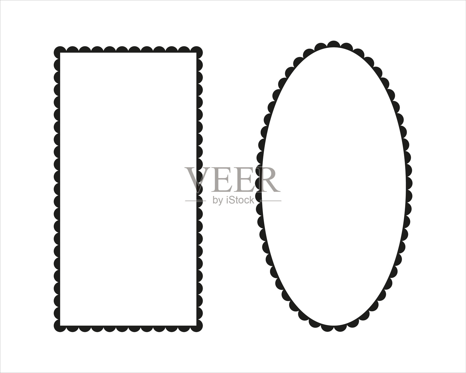 波浪边框样机。波浪边缘矩形、椭圆形状。标签形式。简单的蕾丝轮廓框架。用于标签、贴纸的抽象元素。插画图片素材