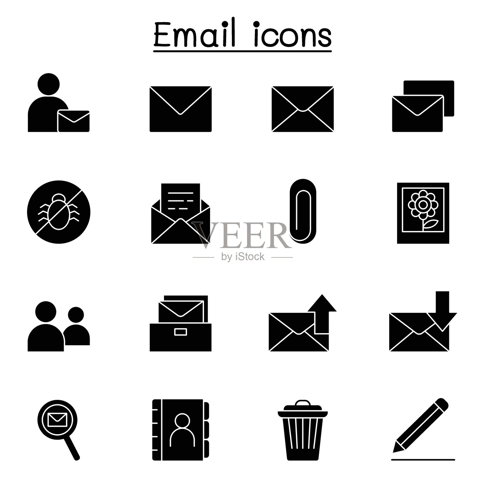 邮件图标集，采用图形风格插画图片素材