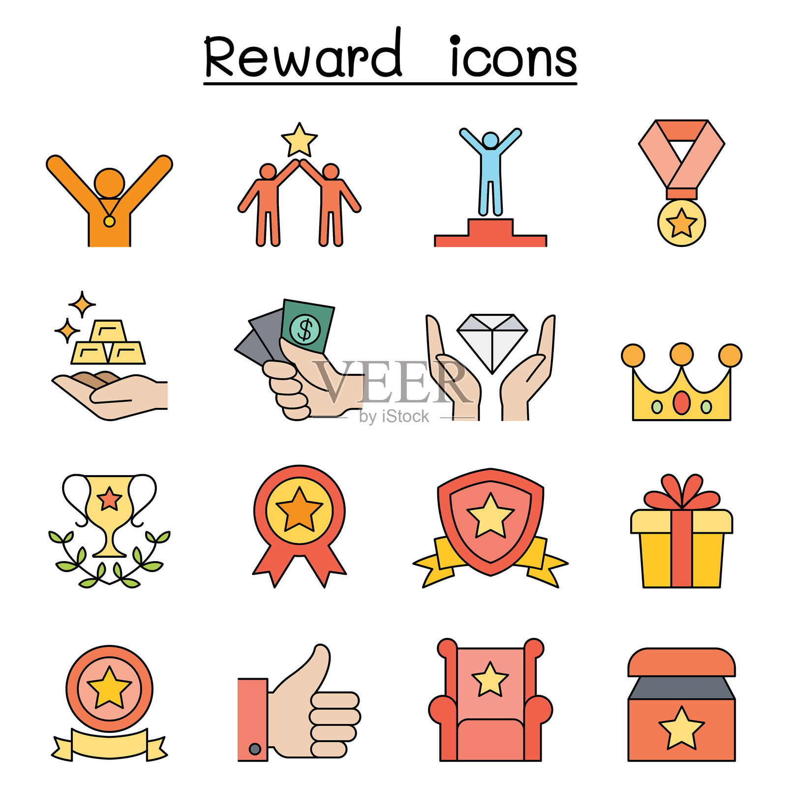 奖励与成功图标集，彩色线条风格插画图片素材
