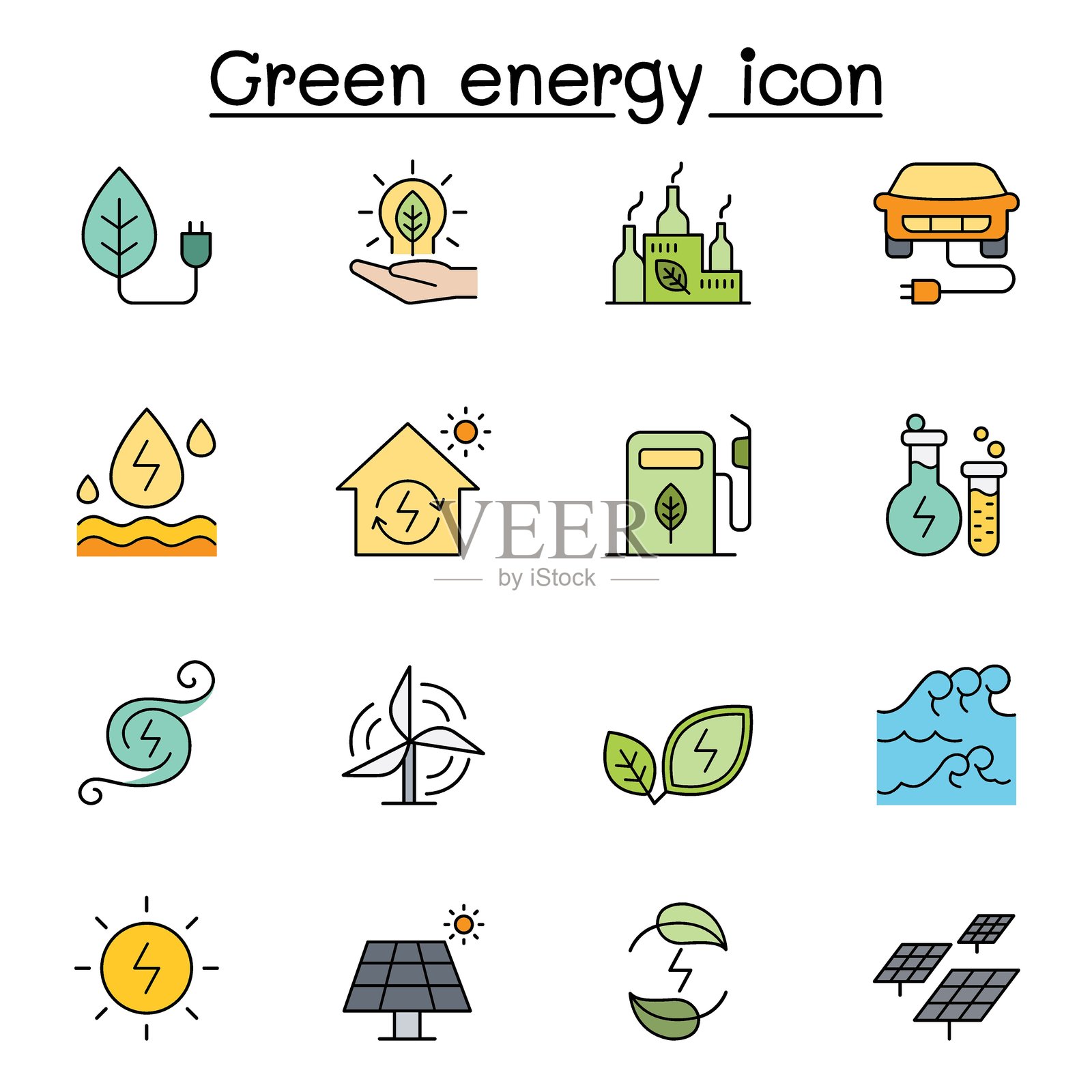 绿色能源图标集，彩色线条风格插画图片素材