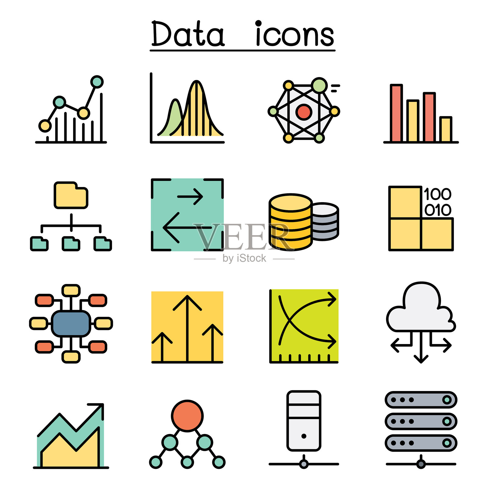 彩色线条风格的数据库、数据和图表图标集插画图片素材