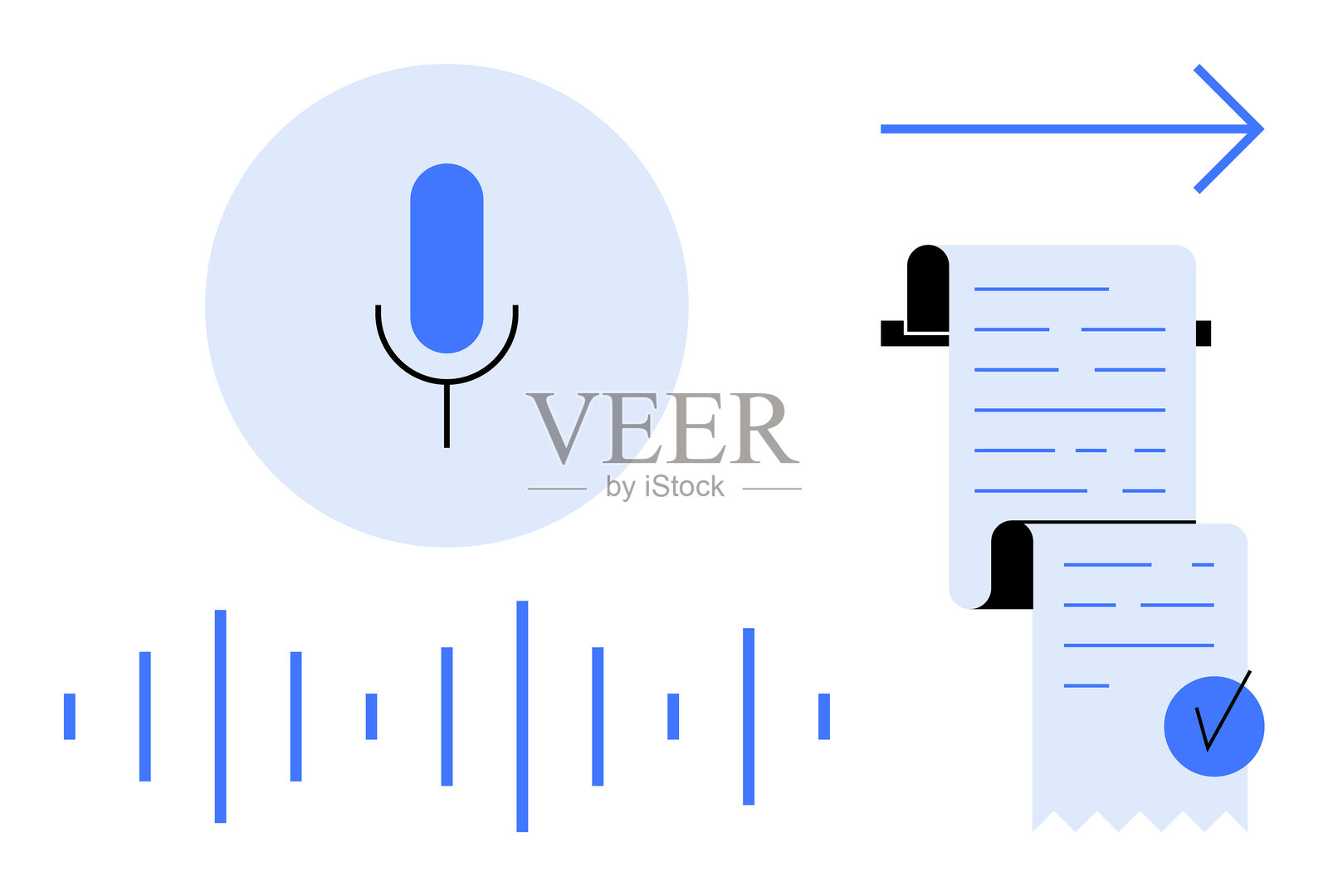 语音转文本转换插图，带有麦克风和文件勾选标记插画图片素材