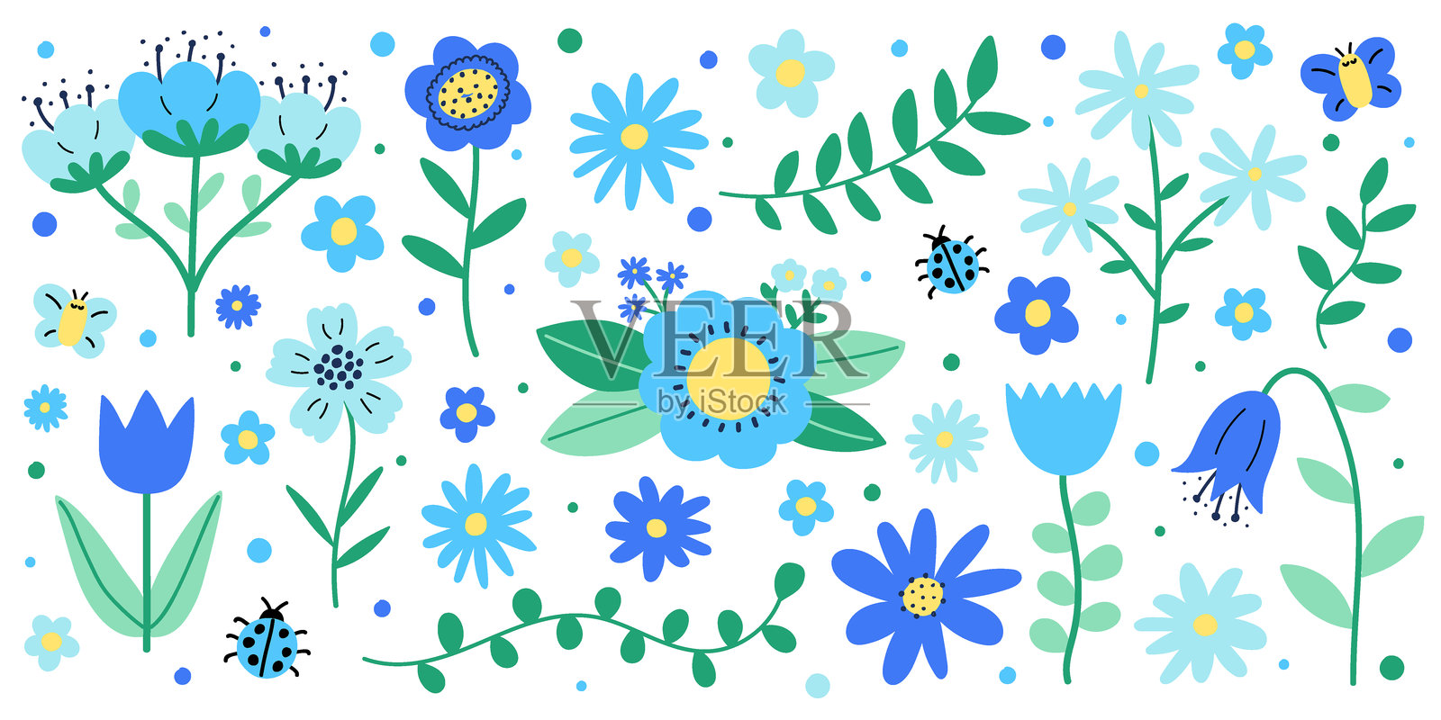 多彩的春季花卉套装。卡通风格的图标。矢量插图插画图片素材