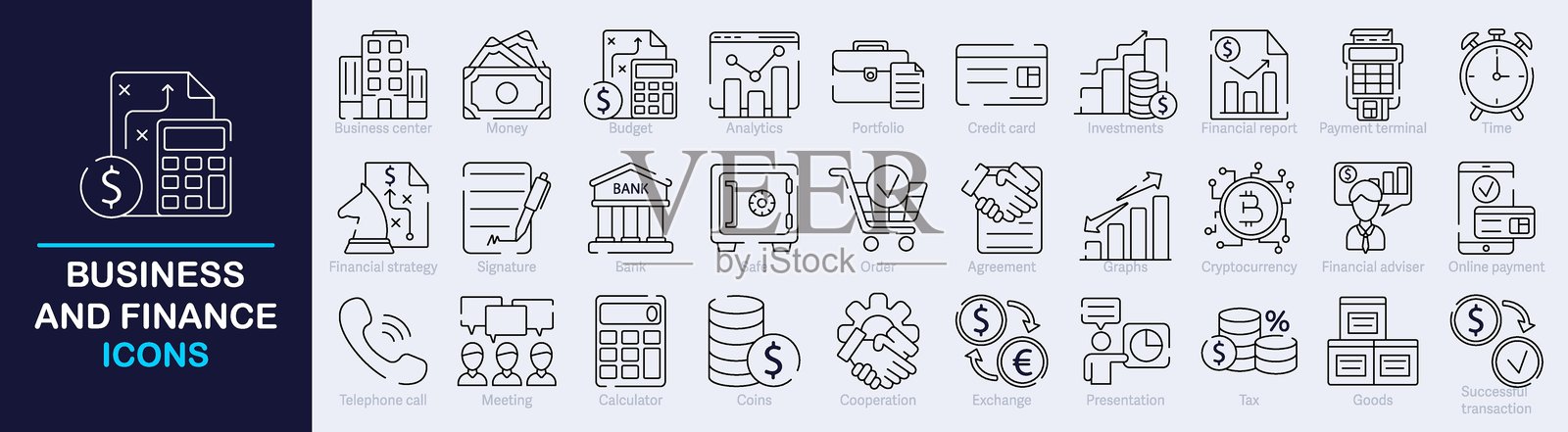 商业与金融轮廓图标集合。 一组与银行、合作伙伴关系、商业团队合作、管理、金钱、支付等相关的轮廓图标。 可编辑的线条。 矢量插图。插画图片素材