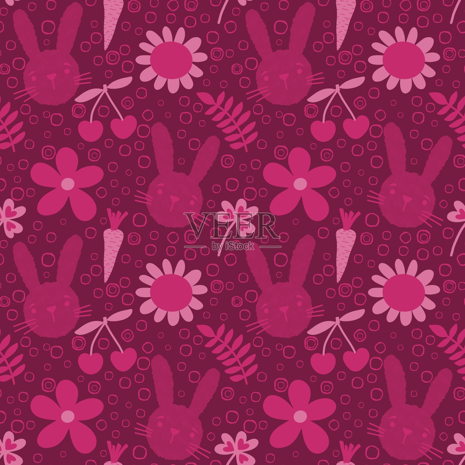 卡通复活节彩蛋和兔子的无缝图案，适用于包装纸、面料和服装印刷插画图片素材