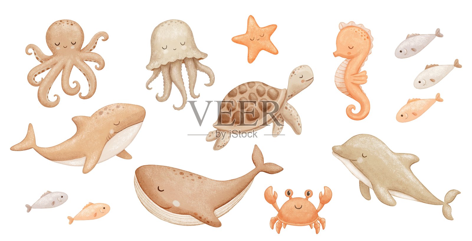 可爱的海洋动物，鲸鱼、海豚和鲨鱼，手绘水彩插图，适合儿童使用。插画图片素材