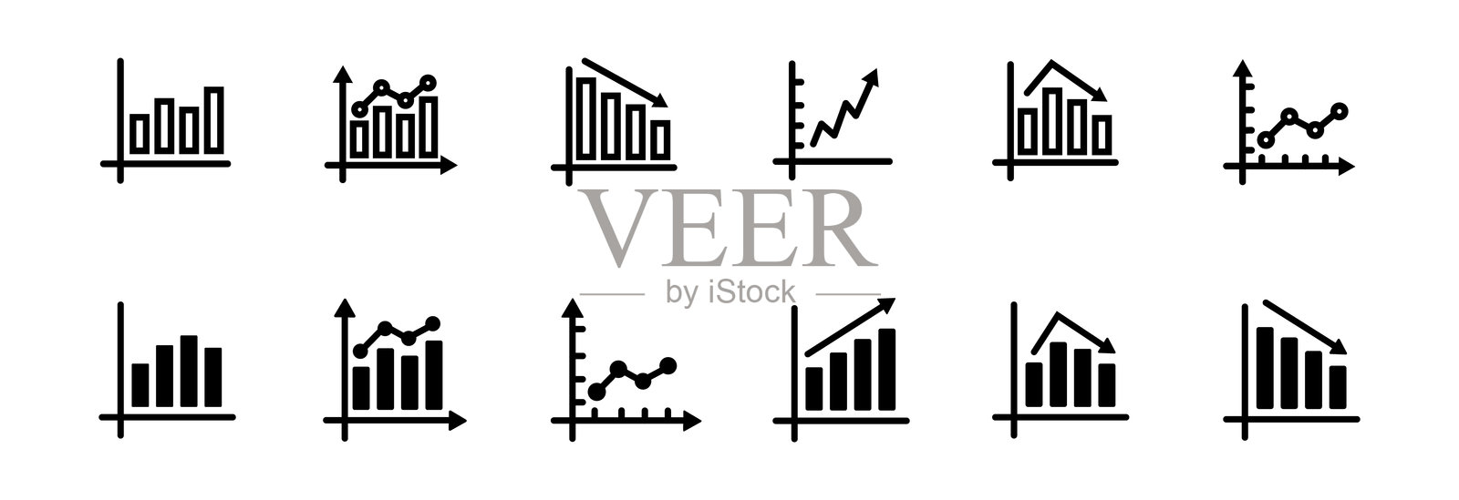 条形图图标。带箭头的增长图。商业图表图标。带上下箭头的统计图表。不同高度的垂直条形图。数据分析矢量图标。插画图片素材