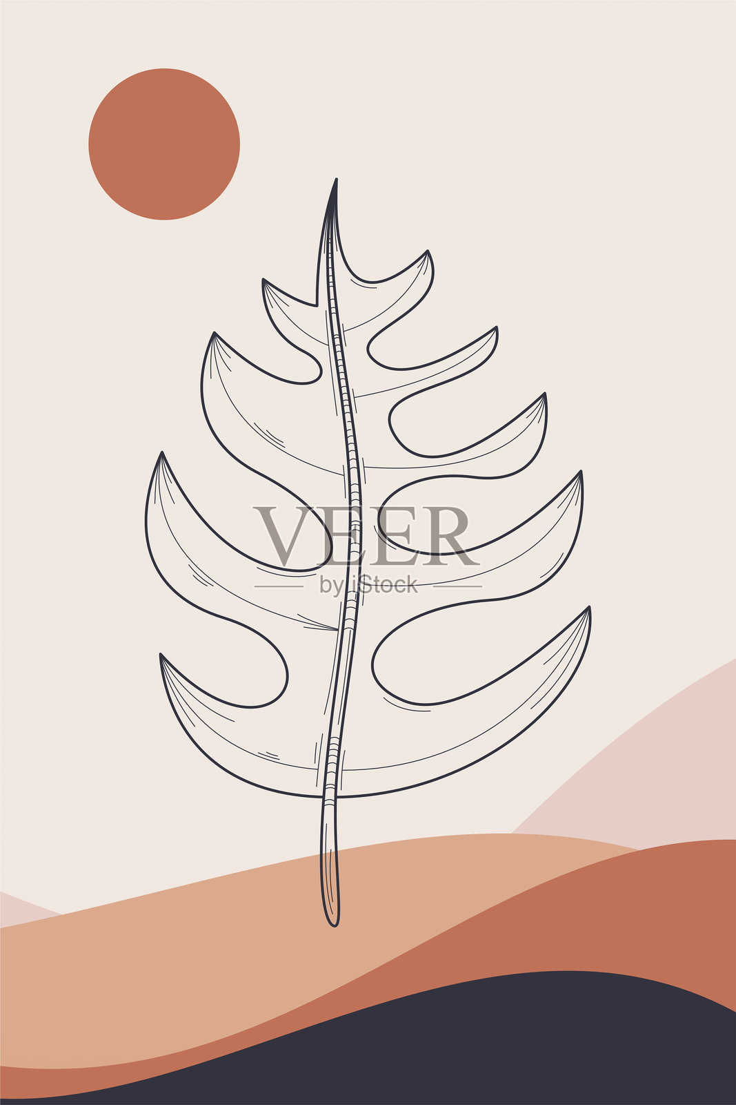 抽象植物墙面艺术装饰。波西米亚风格花卉墙面装饰可打印海报插画图片素材