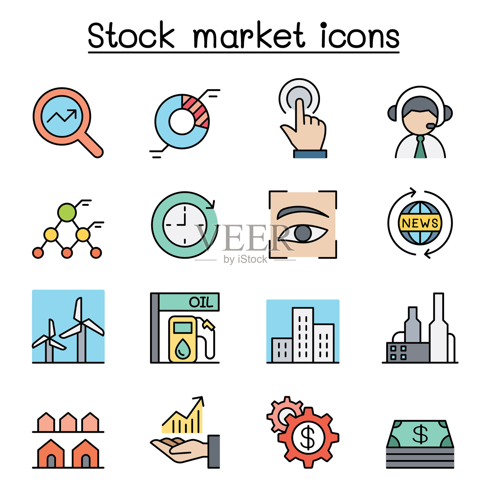 股票市场、股票资金、股票交易所图标集（彩色线条风格）插画图片素材