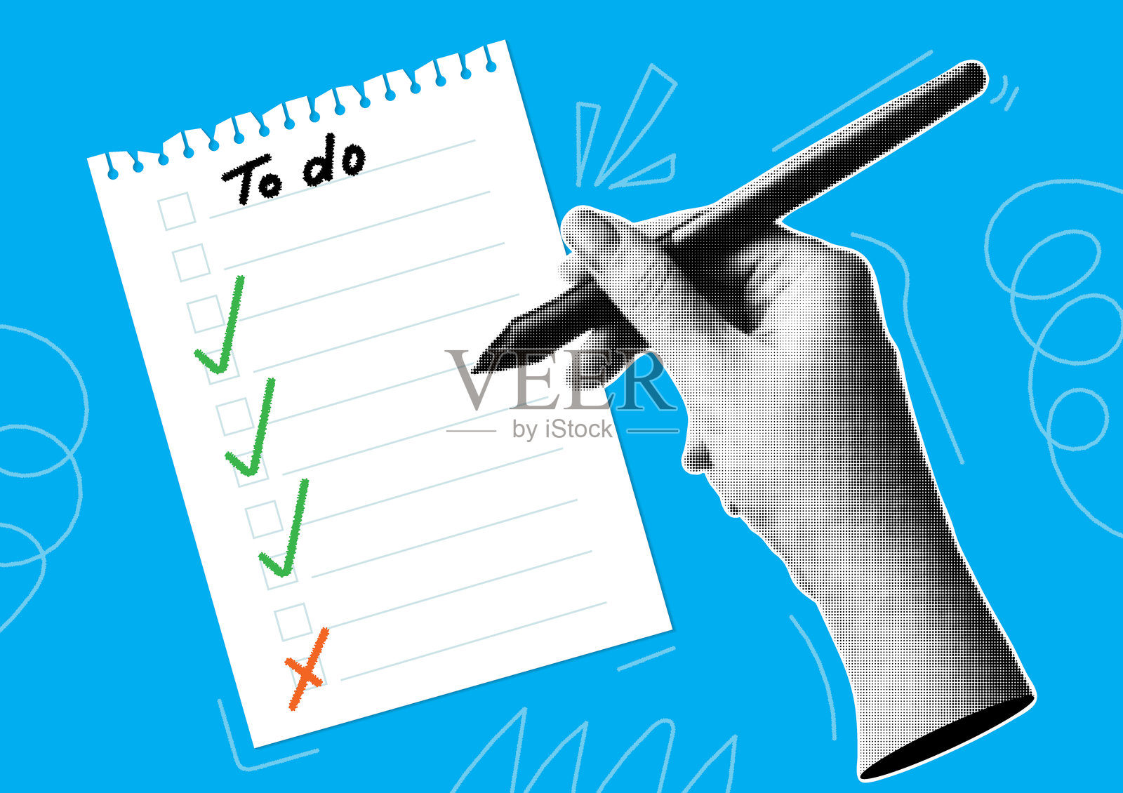 时尚的半色调拼贴横幅，手握笔和笔记本上的便条。现代复古风格。待办事项清单，待办事项。矢量插图。插画图片素材