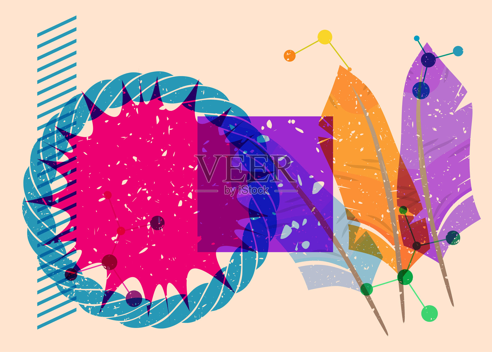 几何形状的丝网印刷羽毛。时尚的丝网印刷纹理风格设计中的几何元素。插画图片素材