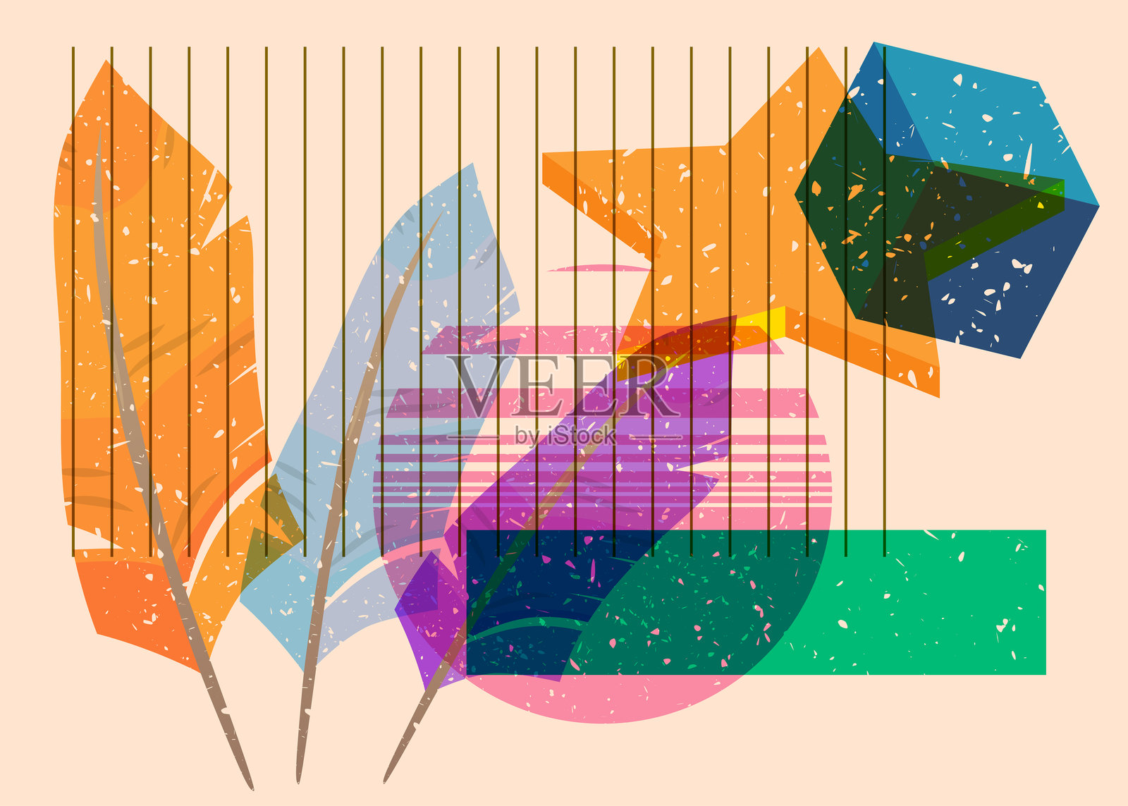 几何形状的Risograph羽毛。时尚的Riso图案印刷纹理风格设计，包含几何元素。插画图片素材